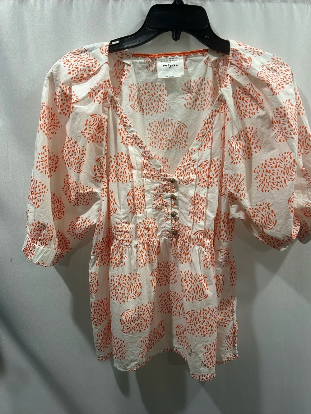 Anthropologie Moglea Danae Poplin White Orange Babydoll blouse